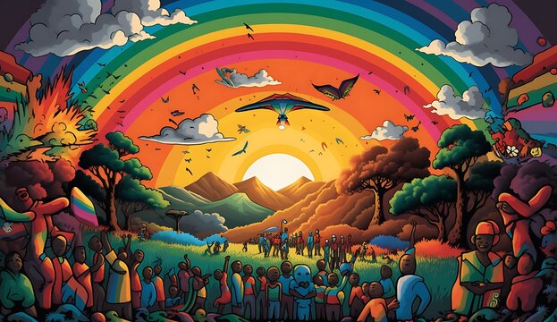 Cartoon nature scene with people and rainbow - illustration for the children ai generated