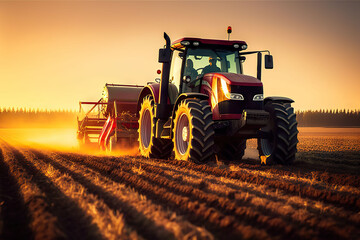 Fototapeta premium Sunset Harvest Modern Tractor and Agricultural Machinery Working in the Field. created with Generative AI