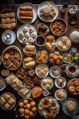 Top view of Chinese traditional food and drink on the wooden table. generative ai