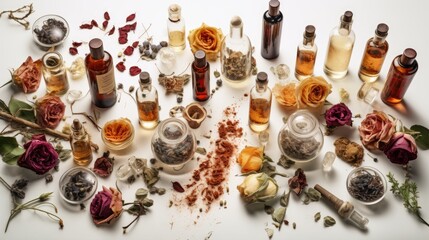 Flat lay composition with essential oils and dry flowers on white background. generative ai