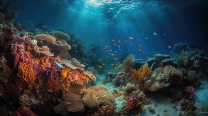 Fototapeta na wymiar Underwater view of tropical coral reef with fishes and corals. Beautiful marine life, abstract natural background, gorgeous coral garden underwater, tropical. beauty of wild nature. generative