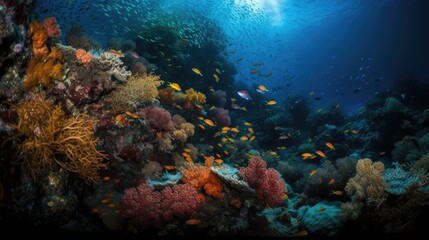 Naklejka na ściany i meble Underwater view of tropical coral reef with fishes and corals. Beautiful marine life, abstract natural background, gorgeous coral garden underwater, tropical. beauty of wild nature. generative