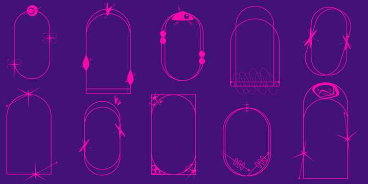Aesthetic Frame minimal element set. Y2k graphic shape with star and line. Aesthetic vecor illustration. Geometric arch for modern design. Mid Centure style