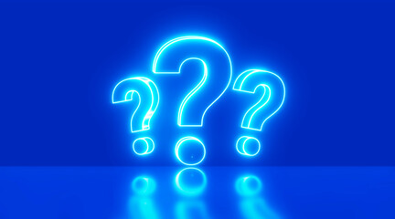 Three question marks on neon in wall background. Business support concept.