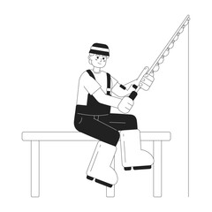 Fisherman reeling in fish on dock monochromatic flat vector character. Fisher in bucket hat. Editable thin line full body person on white. Simple bw cartoon spot image for web graphic design