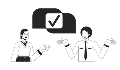 Fototapeta na wymiar Coworkers collaboration bw concept vector spot illustration. Colleagues reaching agreement 2D cartoon flat line monochromatic characters for web UI design. Editable isolated outline hero image