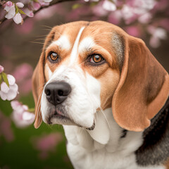 Cute beagle dog as domestic pet portrait in ravishing realistic detailed on outdoor background lush with nature and warmth lighting during springtime and blooming with colorful flower by Generative AI