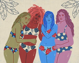 Four curvy girls posing in swimsuits. Concept about body positivity and diversity - 614413941