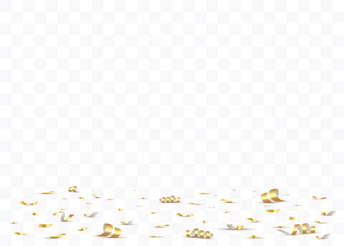 Confetti background. Gold paper pieces and serpentine. Vector party background