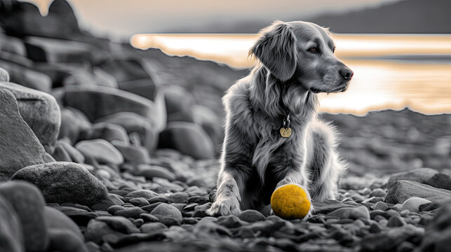 dog playing with a ball on the beach. Generative AI image.