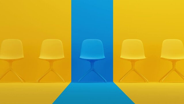 Yellow chair highlighted in the row of blue chairs. Human resource management and recruitment business concept.