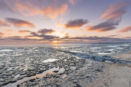 Beautiful sunset landscape of the Wadden sea UNESCO Worl heritage site in The Netherlands