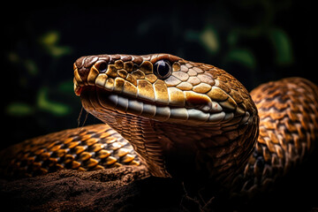 Cobra close-up, an iconic serpent with intricate details of its scales, the piercing gaze, and the coiled power. The beauty and awe-inspiring nature of one of the most intriguing snakes.