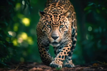 Jaguar with its gaze, power and grace of a magnificent predator. Sleek coat, muscular build, and piercing eyes. 
