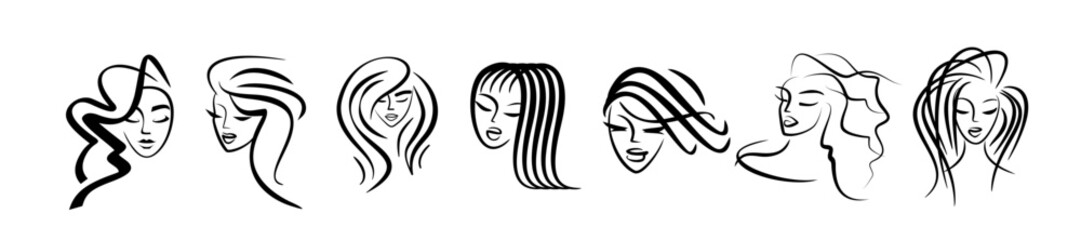 girl face set of logos, makeup and hairstyle. icons for beauty salon.