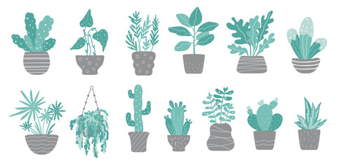 Set of trendy potted home plants. Set of indoor houseplants in scandi style. Cacti, begonia, palm, monstera, ficus. Colored flat vector illustration.