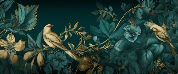 nature wallpaper palm exotic art leaf bird flower tropical jungle. Generative AI.