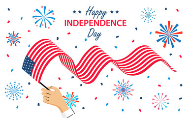 Obraz premium Human hand holding USA flag on the background of fireworks. Happy USA Independence day card or banner. Vector illustration.
