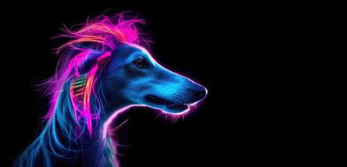 Neon light Saluki dog as a punk with bright mohawk. Banner on black background, with copy space. AI generative.