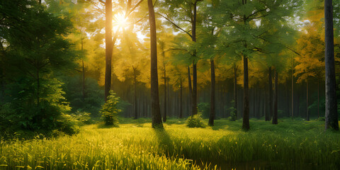 Beautiful morning in the green forest with sun rays and lens flare. Beautyful background. Generative AI technology.