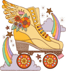 Retro groovy roller skate drawing in 70s style. Cute vintage print with rollerskate with wings, flowers, stars and rainbow. Funky sport shoes with wheels, vector doodle illustration. Roller skate art
