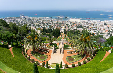 View of the city of Haifa, Bahá’í Gardens and the Shrine of the Báb – holiest places for...