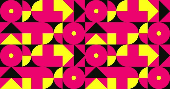 Animated Geometric pattern or background loop. 4K resolution geometric motion design in bright pink, yellow and black colors. Abstract moving shapes background.