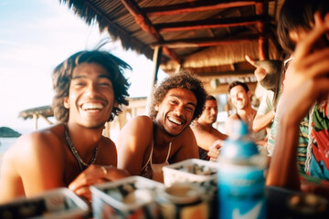 Naklejka premium Portrait of a group of laughing travelers