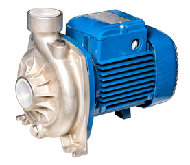 Centrifugal monobloc stainless steel pump unit with one open impeller and threaded sockets.