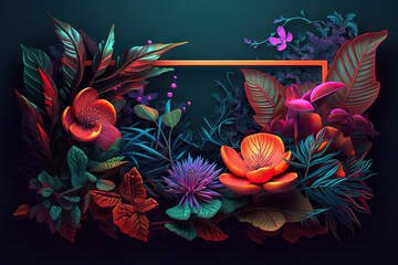 Exotic Botanical Oasis Tropical Leaves and Large Exotic Flowers Frame. created with Generative AI