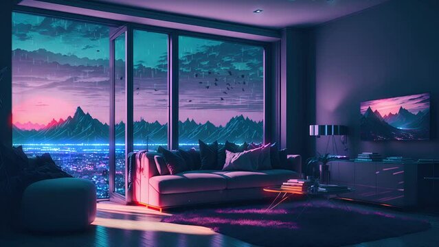 animated virtual backgrounds, stream overlay loop, interior, cozy futuristic living room at sunset, vtuber asset twitch zoom OBS screen, chill anime lo-fi hip hop