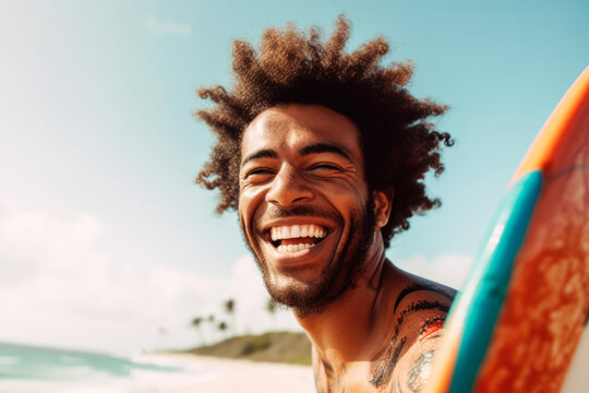 Traveler afro man Laughing on a beach