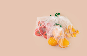 reusable fruit and vegetables bag,eco-friendly net bag for groceries,Zero waste shopping,copy space