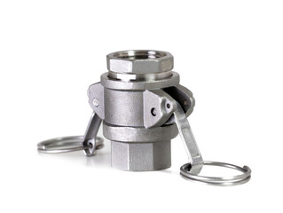 Stainless steel camlock coupling isolated on white, hose fitting.Cam lock fastener A D closeup. Tube metallic