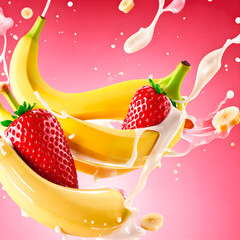 Banana and strawberry in splash of fruit milk. - 614421189