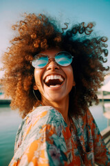 Afro Woman with Curly Hair Enjoying Summertime