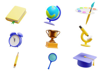 Back to school. Education elements icons set, isolated white background. 3d rendering