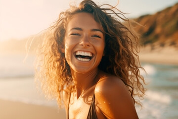 Joyful Traveler Woman Enjoying the Peaceful Beach Ambience