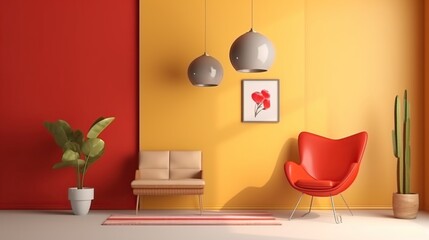 Minimalist interior design of living room with sofa and framed posters. Generative AI