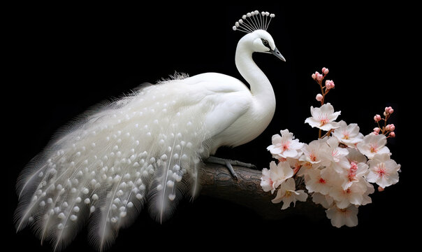 white peacock with pink flowers on black background. Generative AI image.