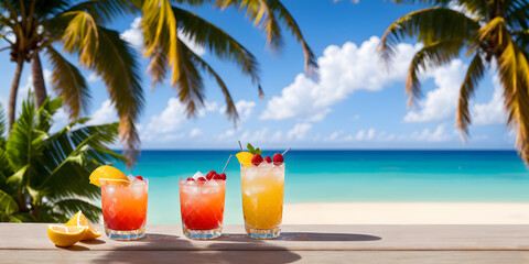 Cocktails on a tropical beach with palm trees and turquoise water. Summer vacation concept. Teasty cocktail. Beautyful background. Generative AI technology.