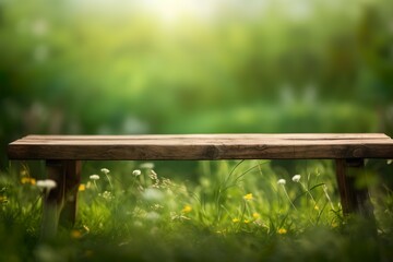 Wooden Bench in front of a green meadow with empty space for product display.