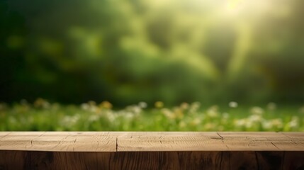Fototapeta premium Wooden Table in front of a green meadow with empty space for product display.