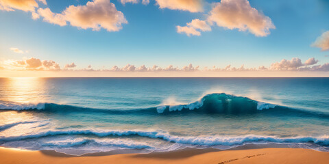 Obraz premium Beautiful seascape at sunset. Panoramic view of the sea and sandy beach. Beautyful background. Generative AI technology.