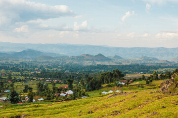 Aerial view of Kisoro Town seen from Mount Muhabura with Lake Mutanda on the background, Uganda