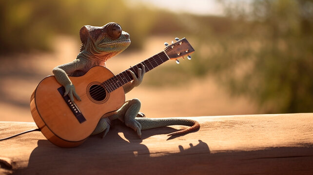 Charming photo of a chameleon wearing sunglasses, playing his guitar, basking in the warmth of a sunny day 
