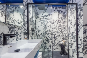 Modern bathroom design, decorated with exclusive black and white tiles. Stylish accessories. Shower...