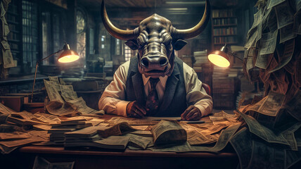 An anthropomorphic bull in a suit counts banknotes
