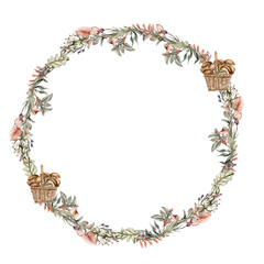 Fall wreath, for cards, backgrounds. Watercolor illustration for scrapbooking. Cartoon hand drawn background with flower for kids design. Perfect for wedding invitation.