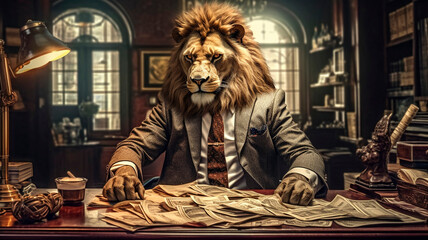 An anthropomorphic lion in a suit counts banknotes
 - obrazy, fototapety, plakaty